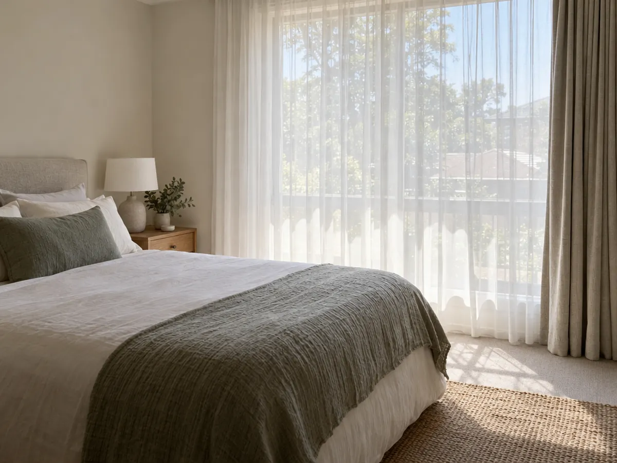 A bedroom in mid-morning with a white sheer drawn across the window, a heavier lined curtain pulled back to one side, and a made bed with linen and a green throw beside a timber bedside table.
