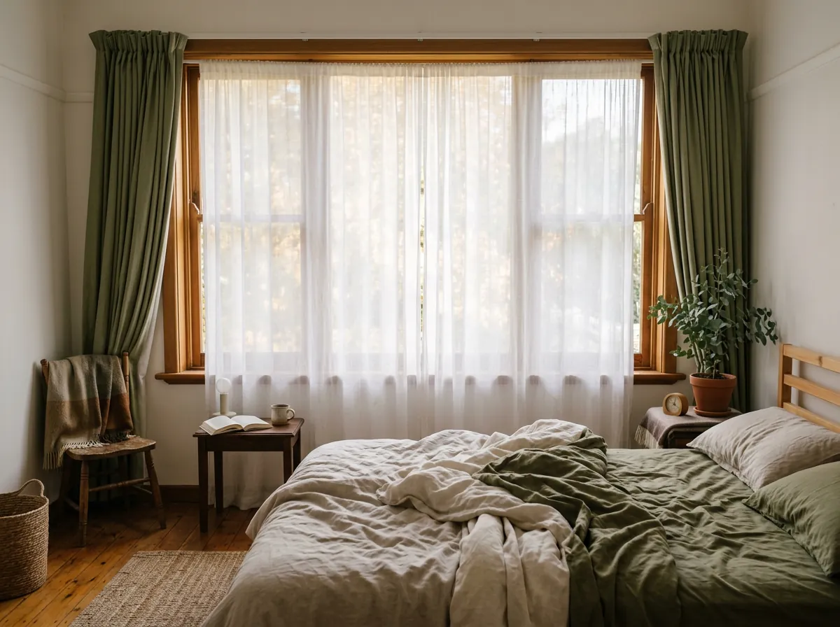 Morning light through a white sheer drawn across a bedroom window, with green drapes stacked open at each side, an unmade bed and timber floorboards