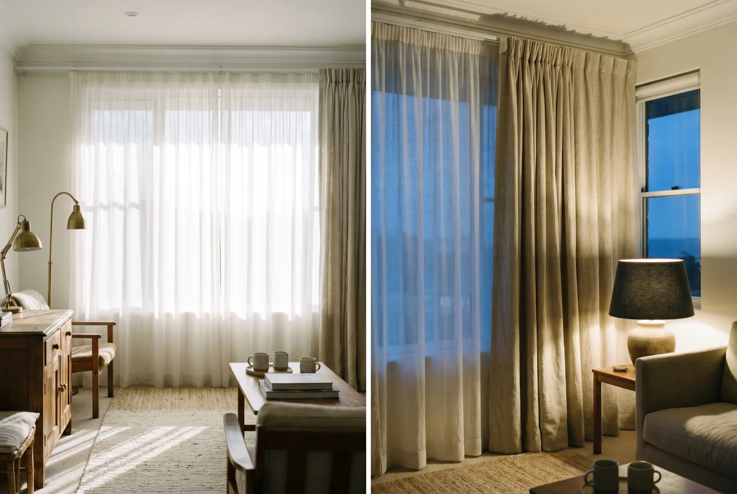 Two moments of a layered window: the sheer working the daylight, and at dusk the heavier lined layer drawn in front of it