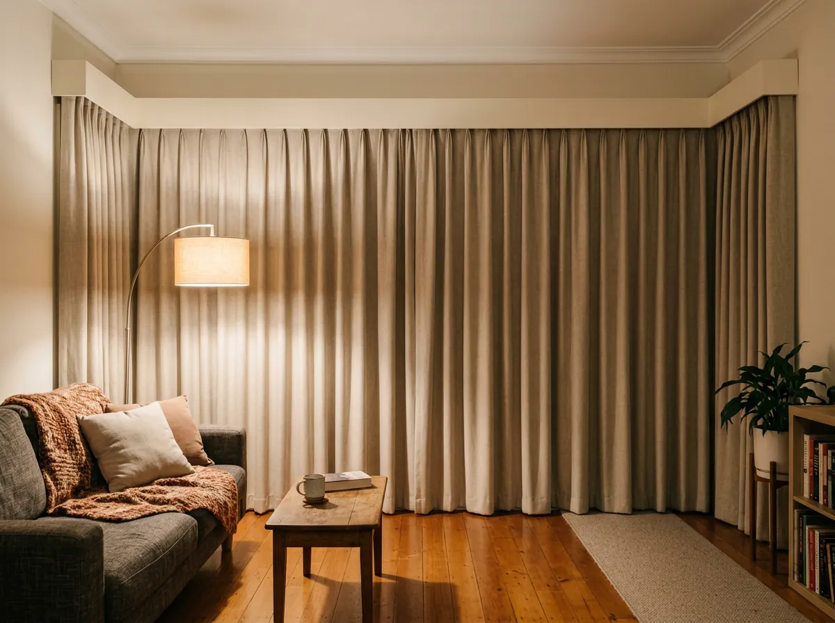 Lamplit living room with floor-length oatmeal drapes closed across a wide window under a white box pelmet that returns to the wall at each side, a grey couch with a rust throw, a coffee table and timber floorboards