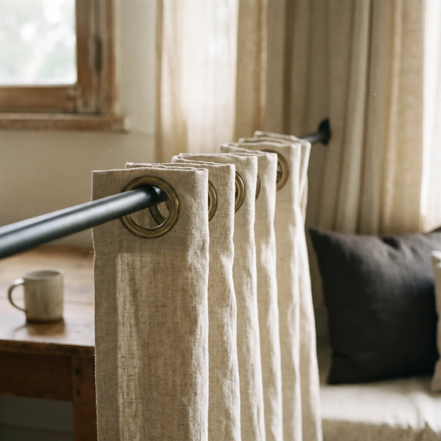 Brass eyelet rings through a linen curtain heading on a dark rod