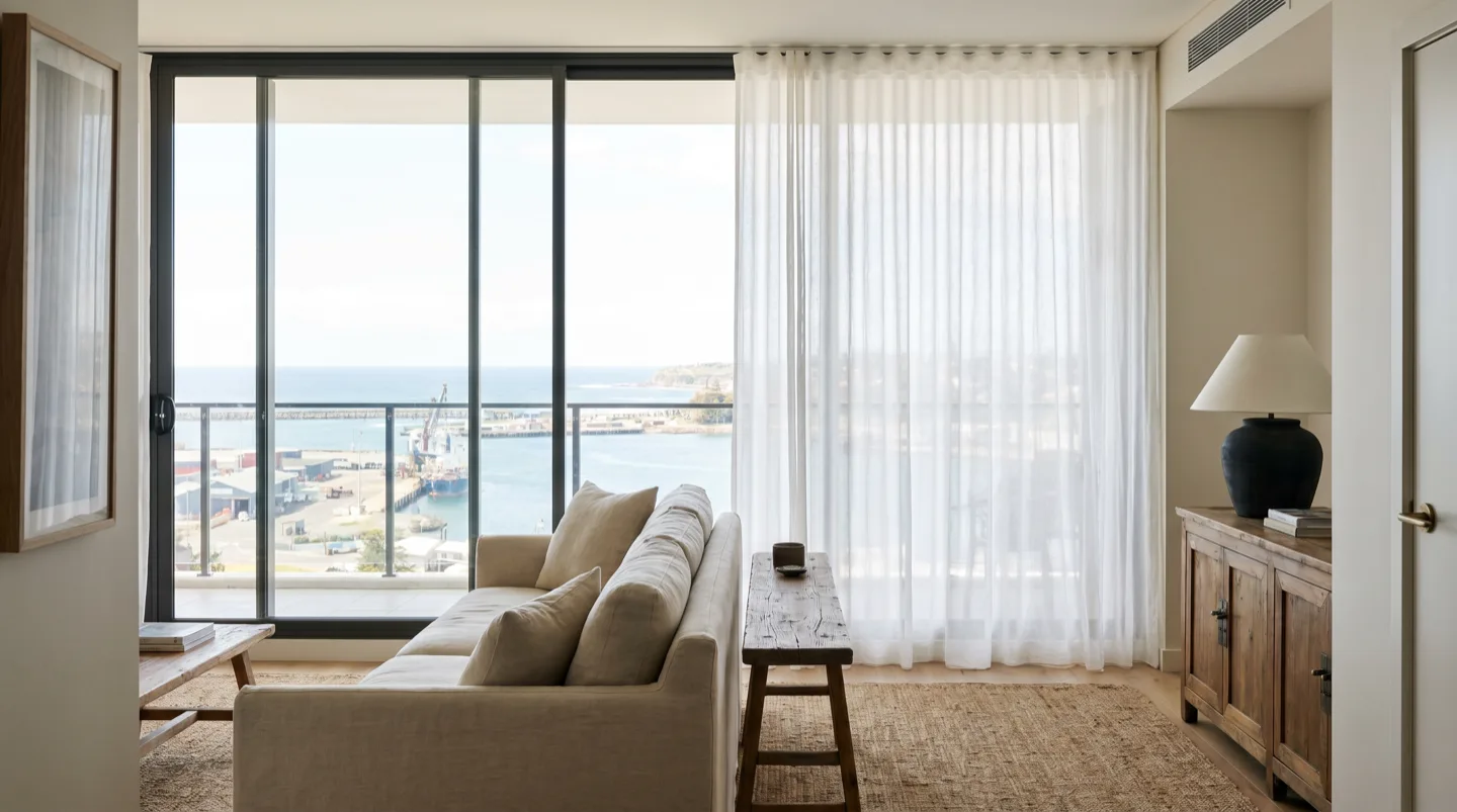 Floor-to-ceiling apartment glass over Newcastle Harbour with sheers drawn across half the view