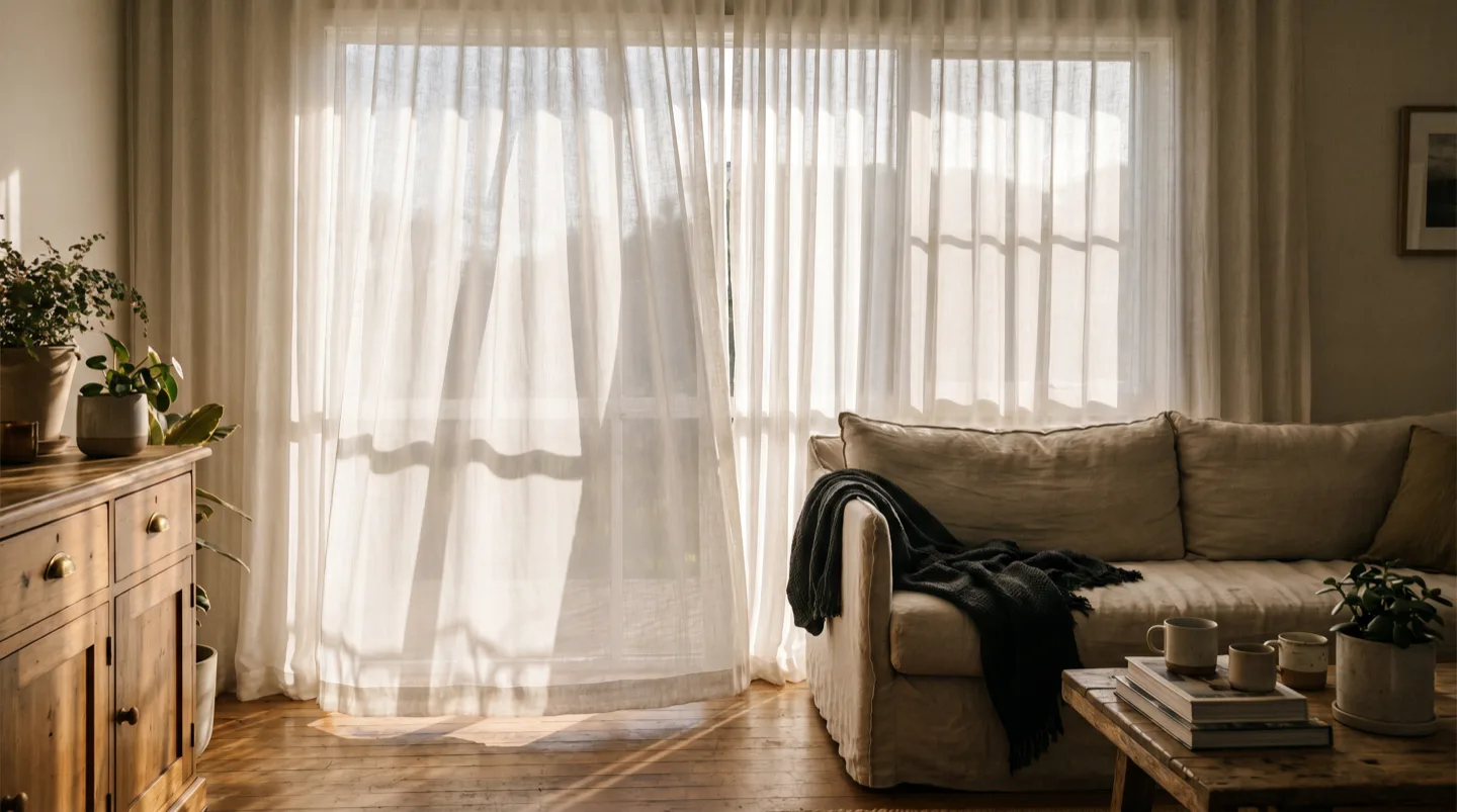Floor-to-ceiling S-fold sheer curtains softening bright morning sun in a Newcastle living room