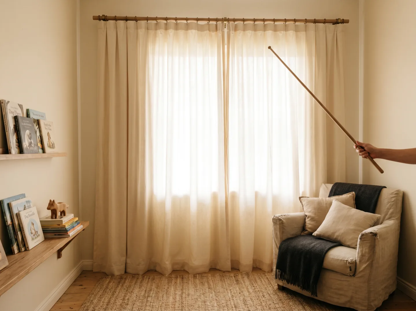 A child's bedroom where the curtains are drawn open with a hand-held wand, no hanging cords anywhere