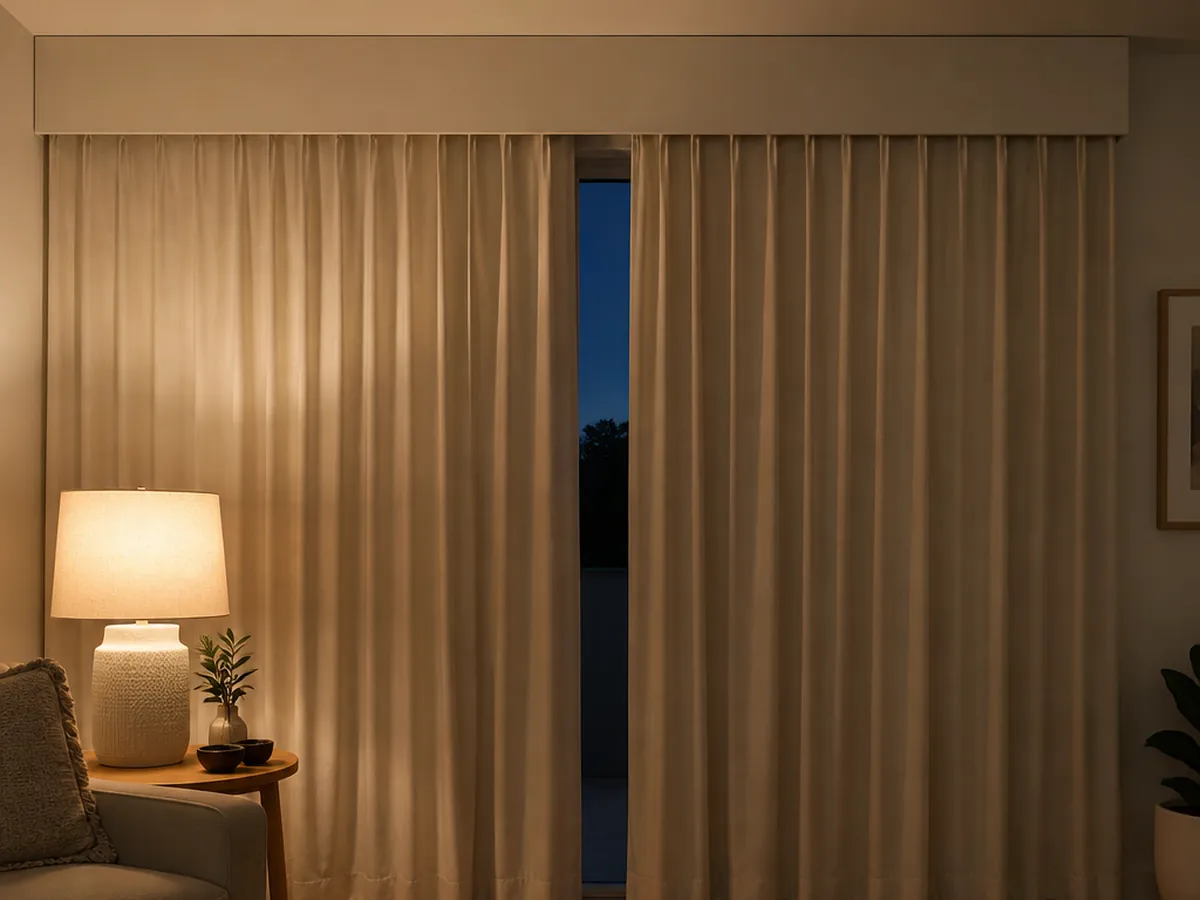 A living room at dusk with floor-length lined curtains drawn under a box pelmet, a strip of dark blue sky at the centre gap, the hems touching a timber floor and a lamp lit on a side table beside an armchair.
