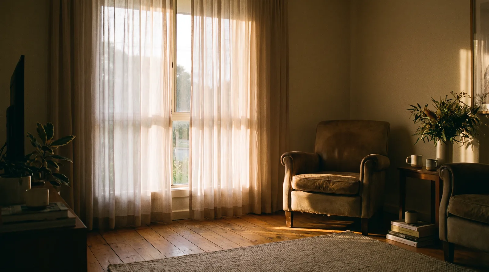 A quiet living room in late afternoon: low sun comes through a tall window, softened by floor-length pale sheer fabric drawn across the glass, and warm light pools on timber floorboards beside an armchair.